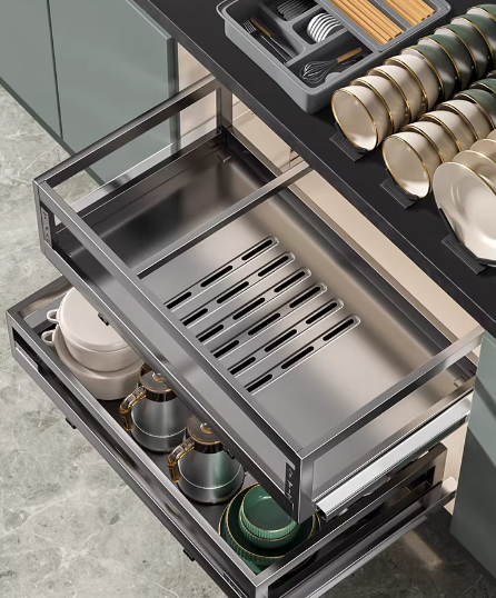 厨房橱柜304不锈钢双层抽屉式碗架收纳碟架橱柜碗篮